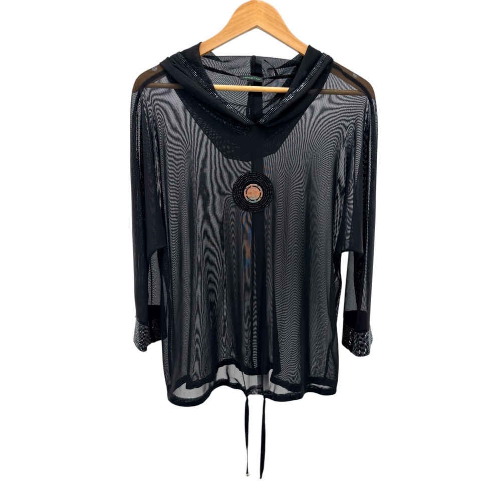 NWT Mode Tricotto Black Mesh Hooded Top Rhinestone Medallion Bling M Whimsygoth